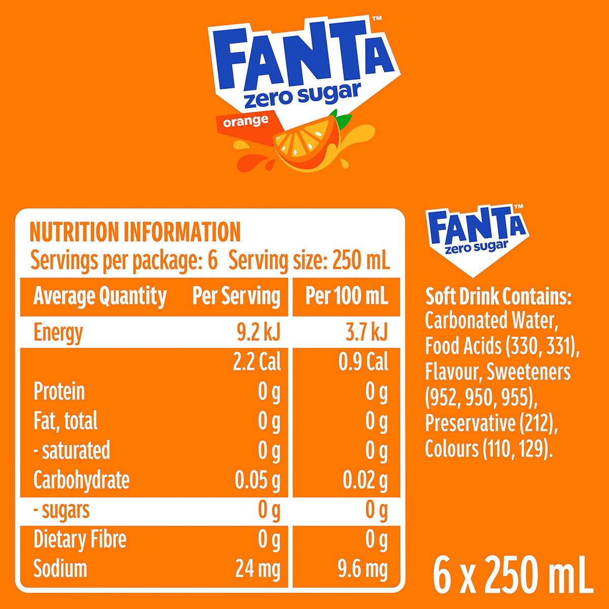 Fanta Orange Zero Sugar Soft Drink Multipack Mini Cans 6 x 250mL