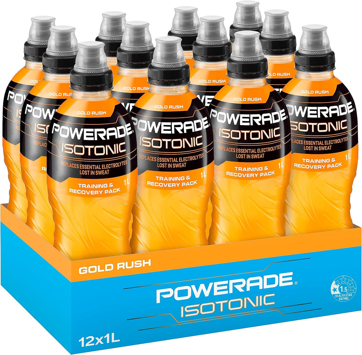 Powerade ION4 Gold Rush Sports Drink Sipper Cap Multipack Bottles 12 x 1L