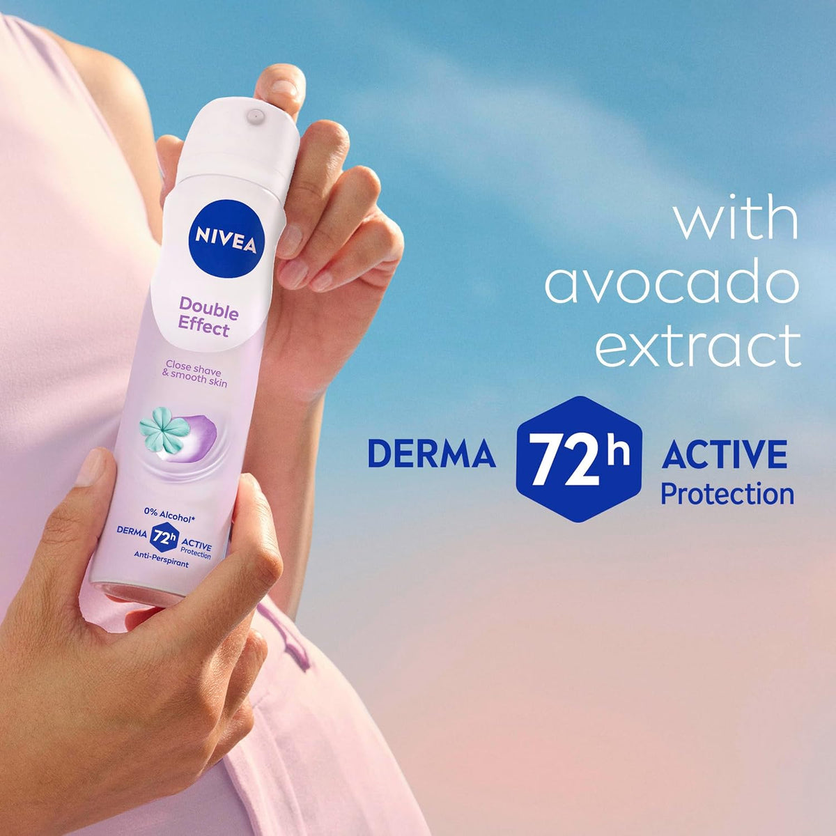 NIVEA Double Effect Anti-Perspirant Aerosol Deodorant 250ml | With Avocado Extract for Smooth Underarms | 72-Hour Sweat Protection | Sweet Fragrance | Quick-Drying Formula | Lasting Freshness