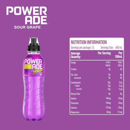 Powerade Sour ION4 Grape Shocker Electrolyte Sports Drink Sipper Multipack Bottles 12 x 600mL