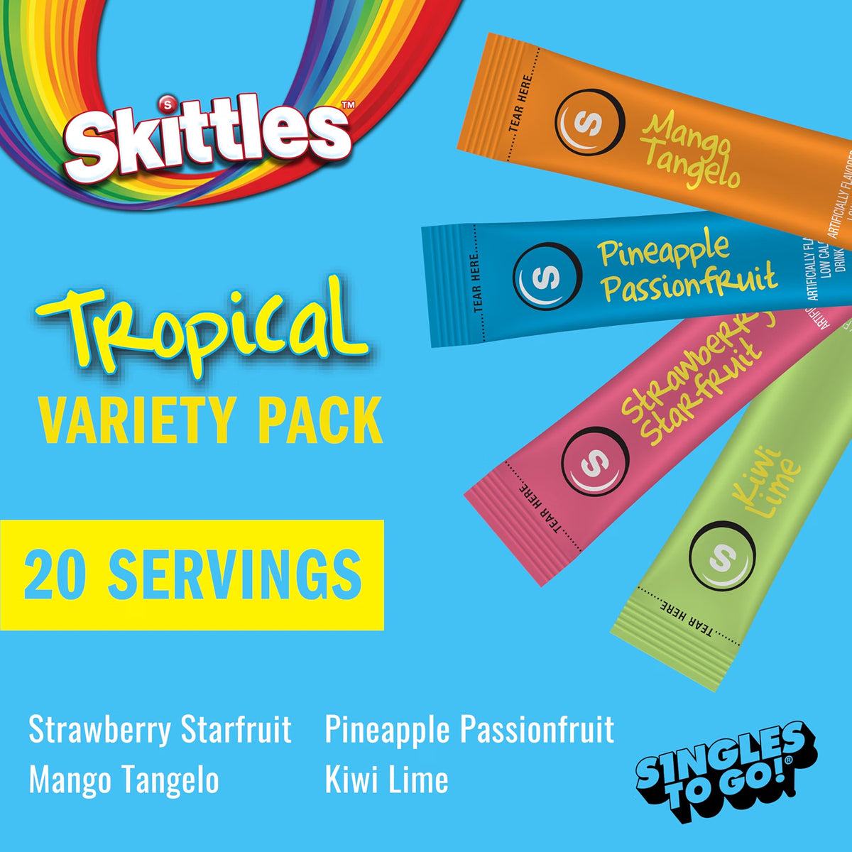 Skittles Singles To Go Variety Pack, Watertok Powdered Drink Mix, Zero Sugar, Low Calorie, Includes 4 Flavors, 1 Box (20 Single Servings) (Tropical)