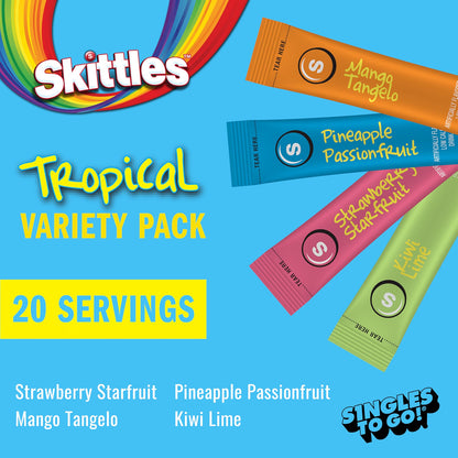 Skittles Singles To Go Variety Pack, Watertok Powdered Drink Mix, Zero Sugar, Low Calorie, Includes 4 Flavors, 1 Box (20 Single Servings) (Tropical)