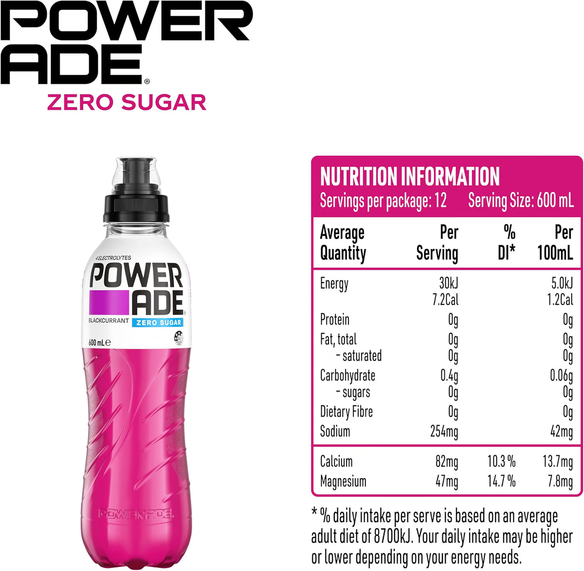 Powerade Zero Sugar Blackcurrant Sipper Cap Multipack Bottles 12 x 600mL