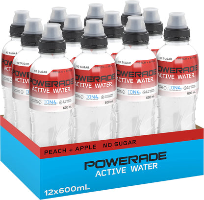 Powerade Zero Sugar Active Water Peach and Apple Sipper Cap Multipack Bottles 12 x 600mL