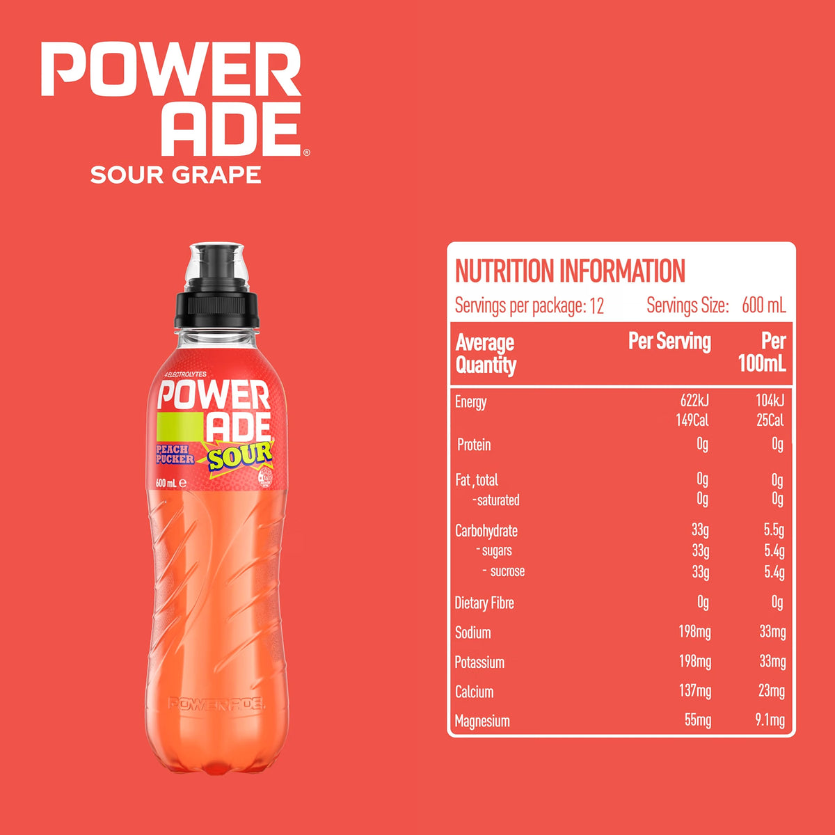 Powerade Sour ION4 Peach Pucker Electrolyte Sports Drink Sipper Multipack Bottles 12 x 600mL