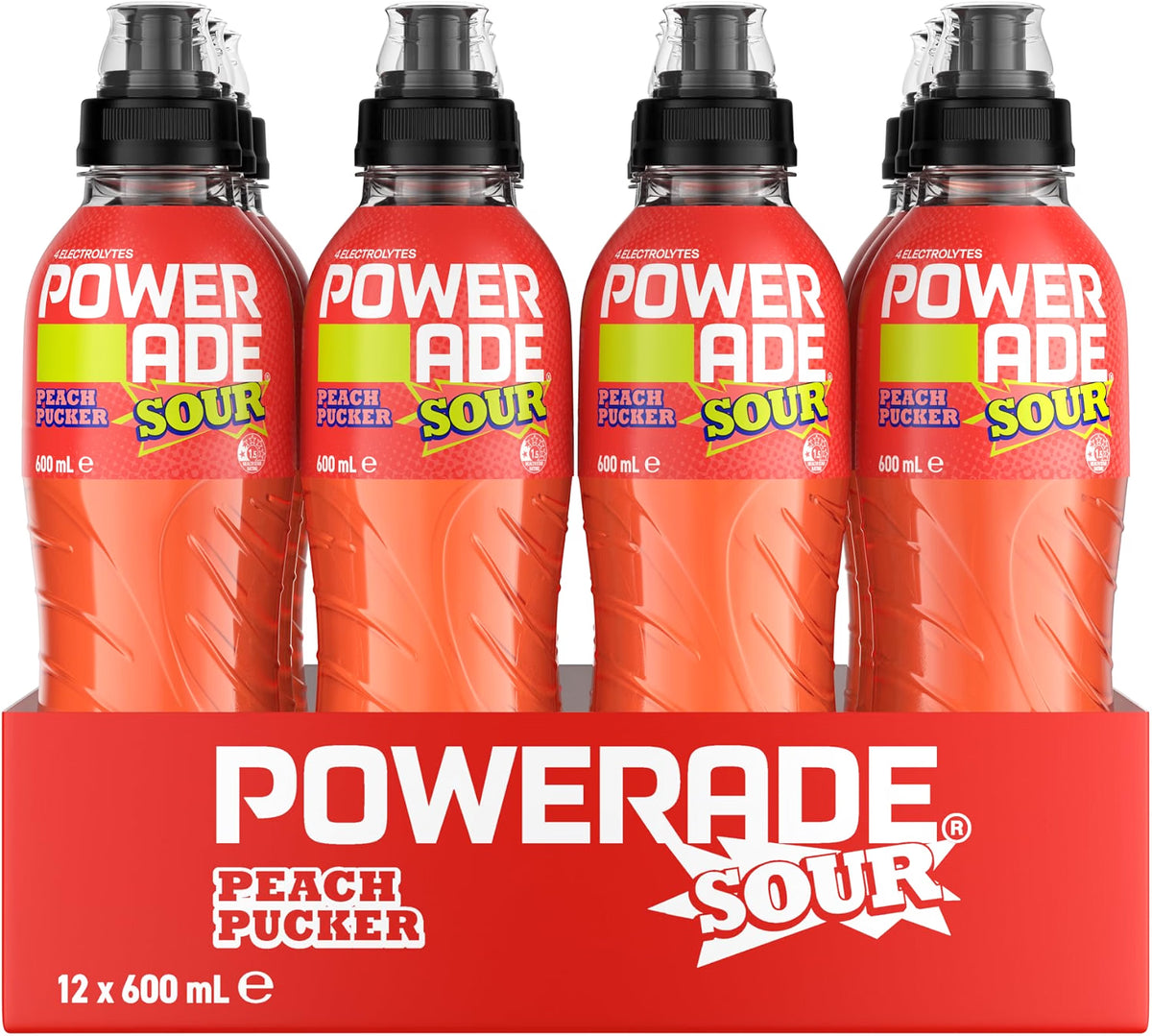 Powerade Sour ION4 Peach Pucker Electrolyte Sports Drink Sipper Multipack Bottles 12 x 600mL
