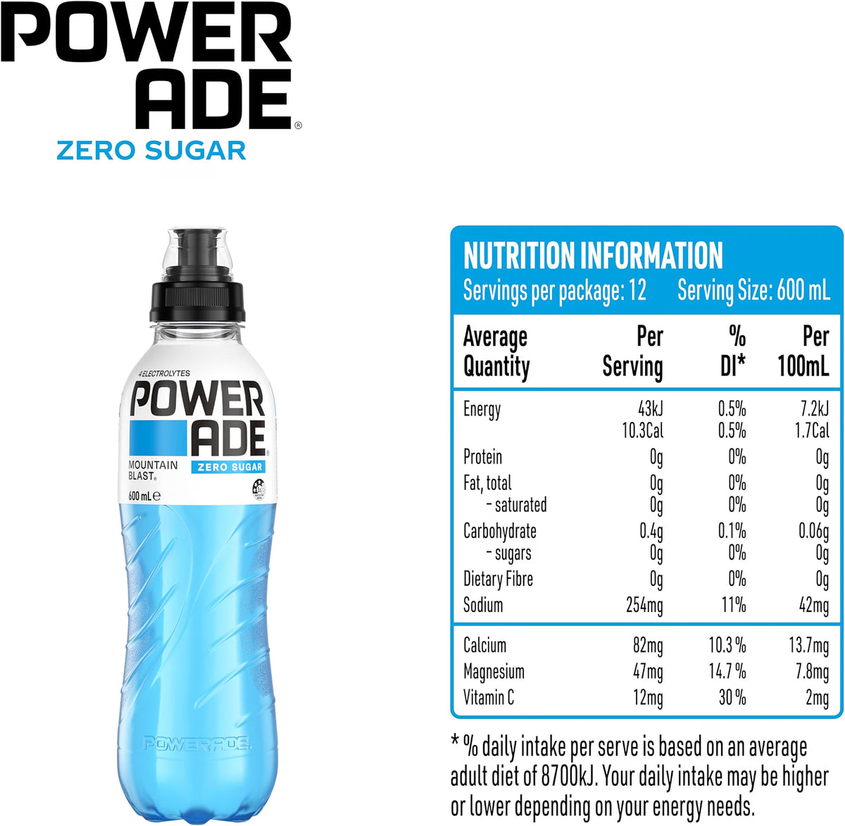 Powerade Zero Sugar Mountain Blast Sports Drink Sipper Cap Multipack Bottles 12 x 600mL