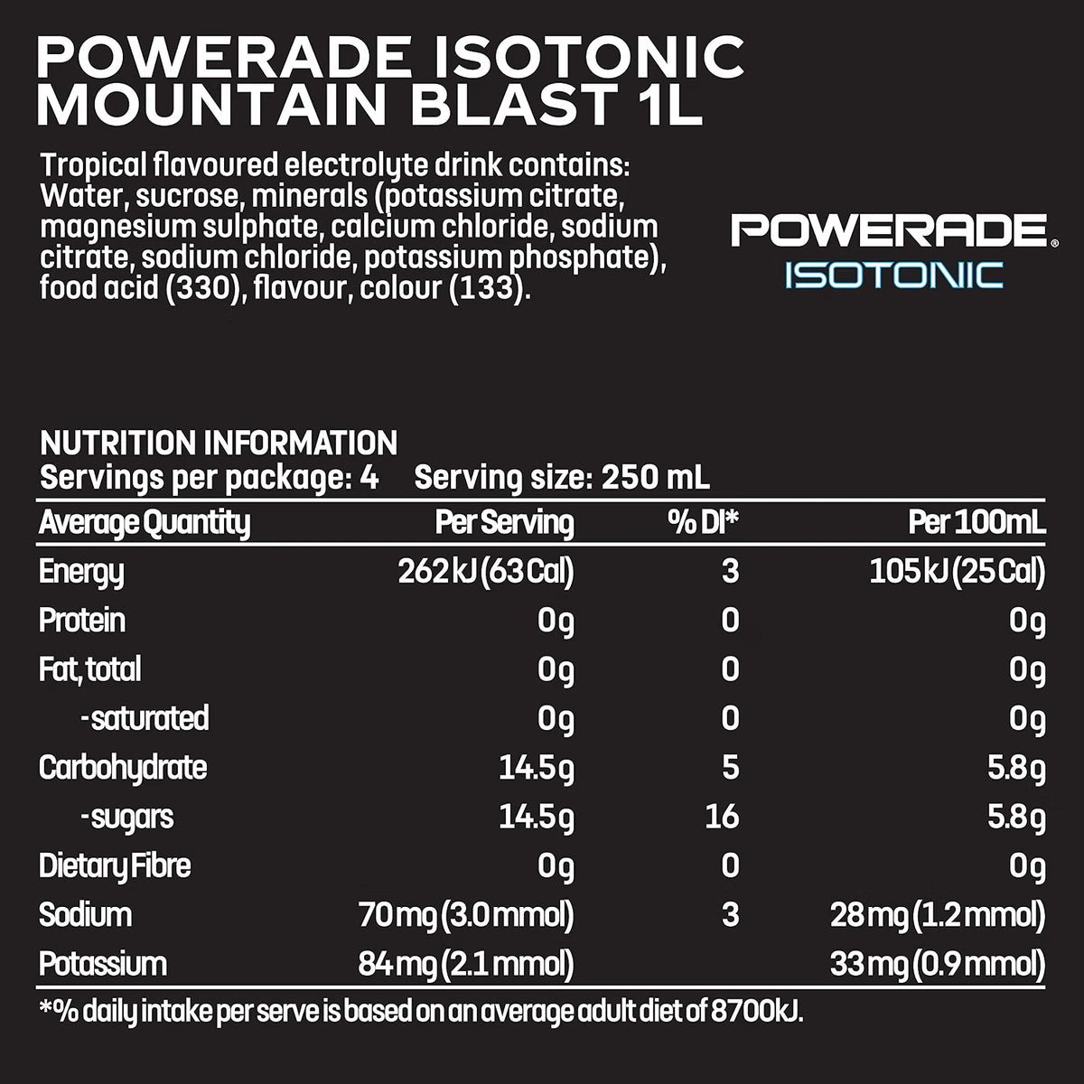 Powerade ION4 Mountain Blast Sports Drink Sipper Cap Multipack Bottles 12 x 1L
