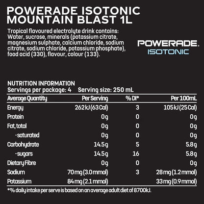 Powerade ION4 Mountain Blast Sports Drink Sipper Cap Multipack Bottles 12 x 1L