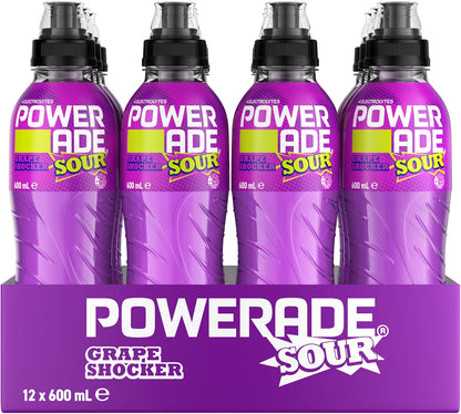 Powerade Sour ION4 Grape Shocker Electrolyte Sports Drink Sipper Multipack Bottles 12 x 600mL
