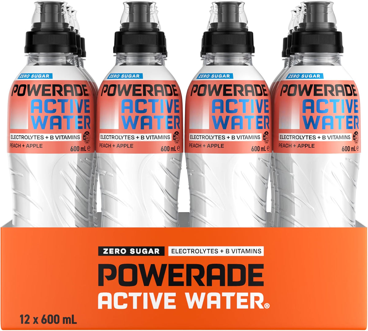 Powerade Zero Sugar Active Water Peach and Apple Sipper Cap Multipack Bottles 12 x 600mL