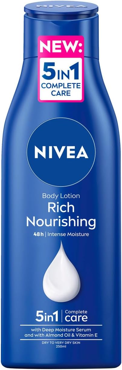 NIVEA Rich Nourishing Body Lotion 250ml | With Pure Hyaluron & Almond Oil | Deeply Nourished Skin for 72-Hours | Fast-Absorbing Formula | Moisturiser for Dry to Very Dry Skin