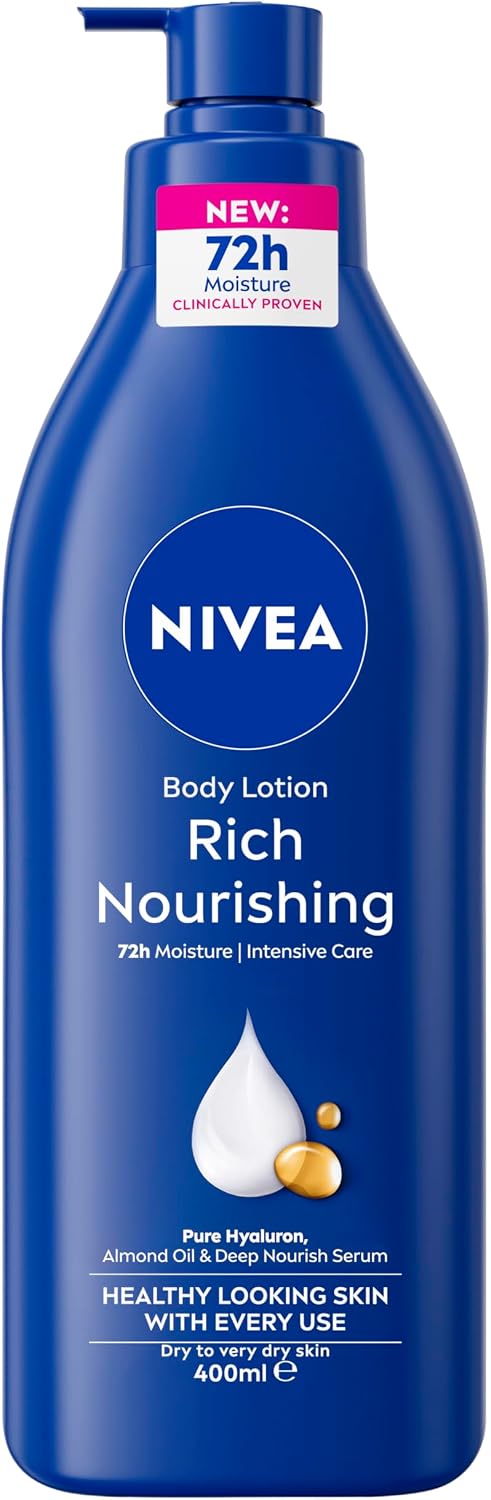 NIVEA Rich Nourishing Body Lotion 400ml | With Almond Oil & Vitamin E | 72-hour Intensive Moisture | Fast-Absorbing Formula | Hydrates & Softens Skin | Nourishes Dehydrated Skin