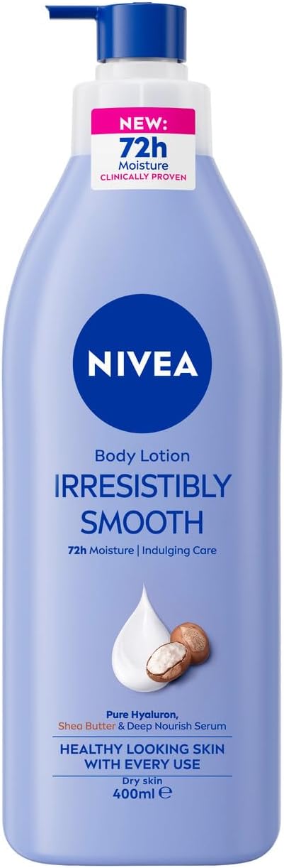 NIVEA Irresistibly Smooth Body Lotion 400ml | With Shea Butter & Deep Moisture Serum | 72-Hour Melt-In Moisture | Smoothing Moisturiser for Dry Skin | Fast-Absorbing Formula