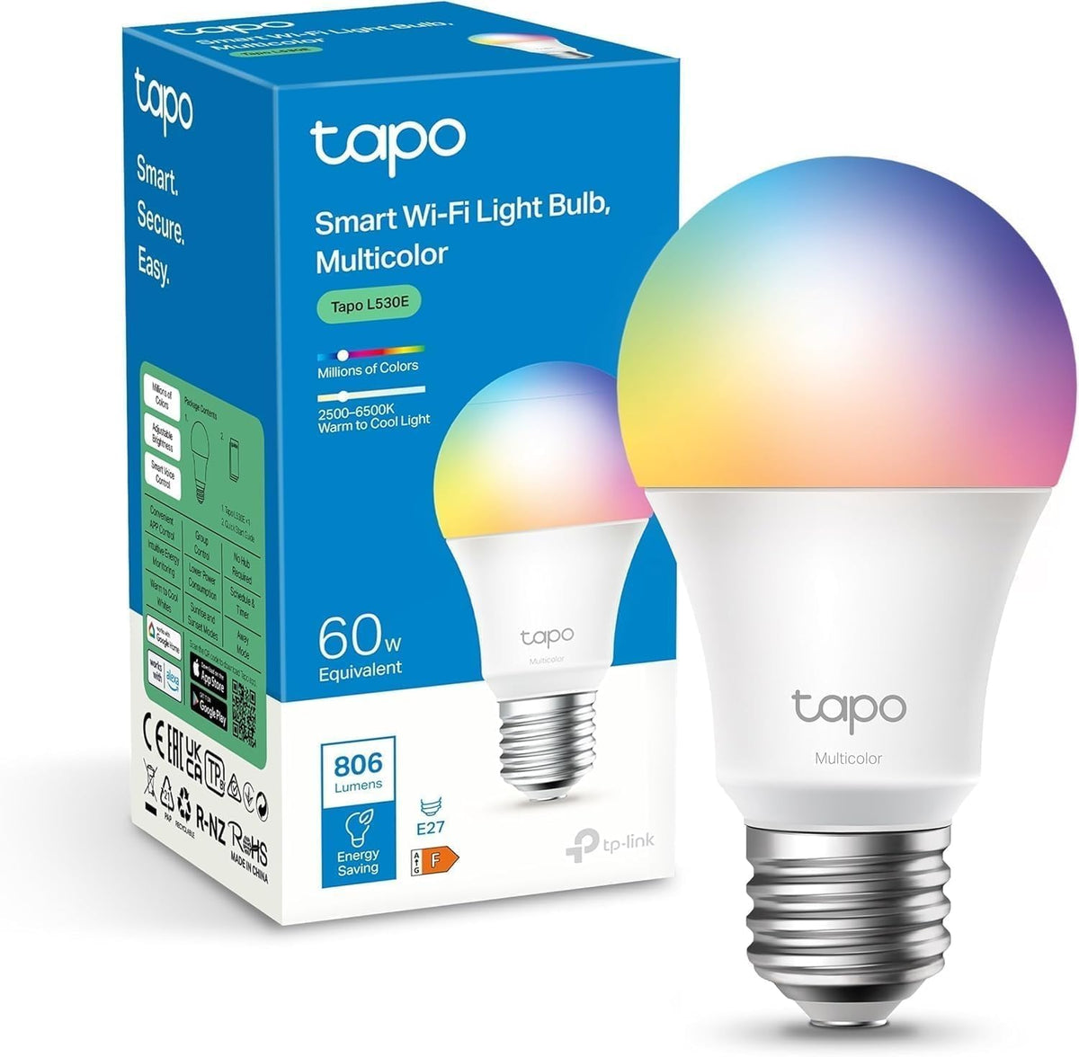 Tapo TP-Link Wi-Fi Light Bulb, Multicolour, E27, 60W Equivalent, Preset, Schedule & Timer, Sunrise and Sunset Modes, Voice & APP Control, Away Mode, No Hub Required (Tapo L530E)