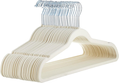 Amazon Basics Slim, Velvet, Non-Slip Suit Clothes Hangers, Ivory/Silver - Pack of 30