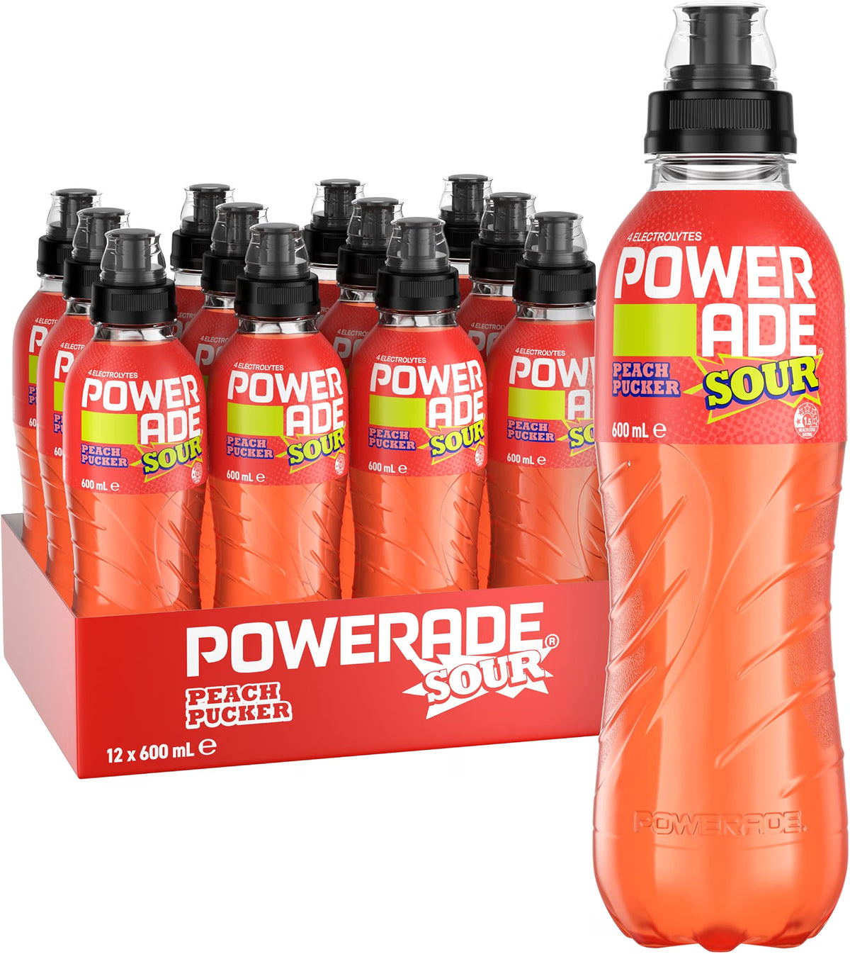 Powerade Sour ION4 Peach Pucker Electrolyte Sports Drink Sipper Multipack Bottles 12 x 600mL