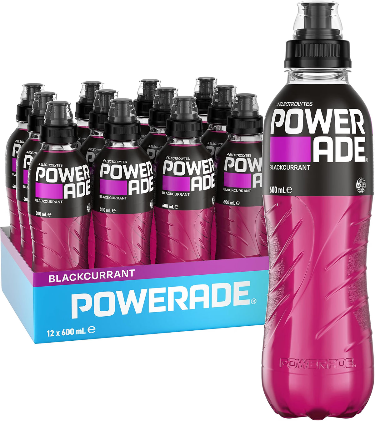 Powerade ION4 Blackcurrant Sports Drink Sipper Cap Multipack Bottles 12 x 600mL