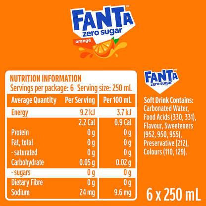 Fanta Orange Zero Sugar Soft Drink Multipack Mini Cans 6 x 250mL