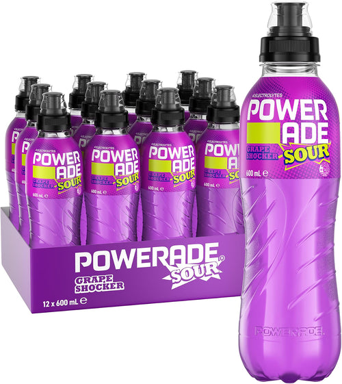 Powerade Sour ION4 Grape Shocker Electrolyte Sports Drink Sipper Multipack Bottles 12 x 600mL