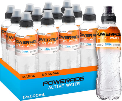 Powerade Zero Sugar Active Water Mango Sipper Cap Multipack Bottles 12 x 600mL