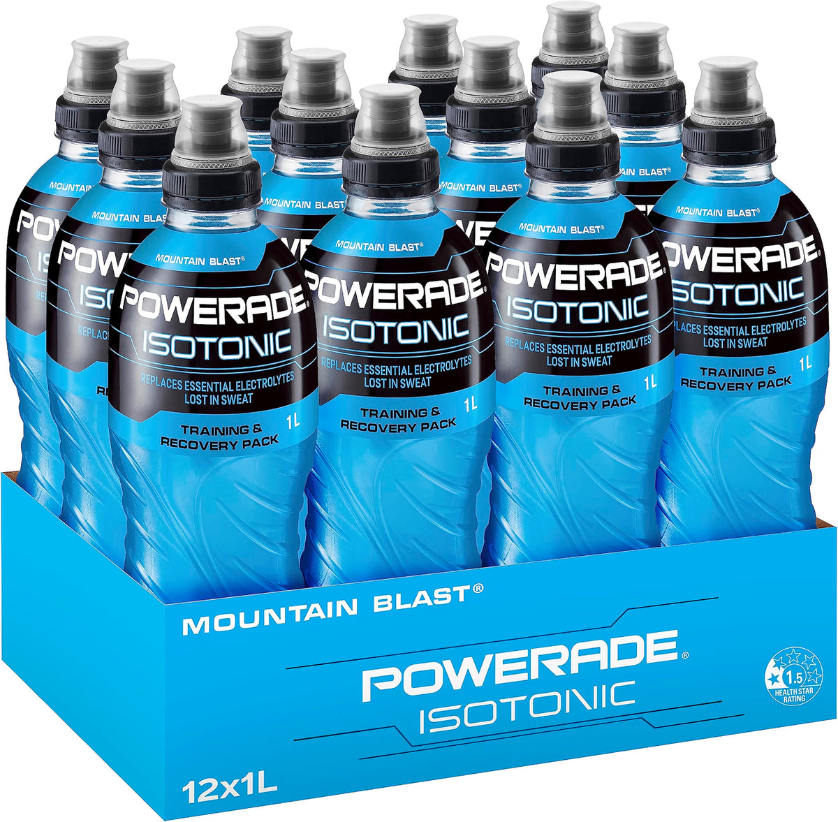 Powerade ION4 Mountain Blast Sports Drink Sipper Cap Multipack Bottles 12 x 1L