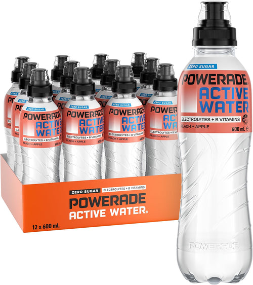 Powerade Zero Sugar Active Water Peach and Apple Sipper Cap Multipack Bottles 12 x 600mL