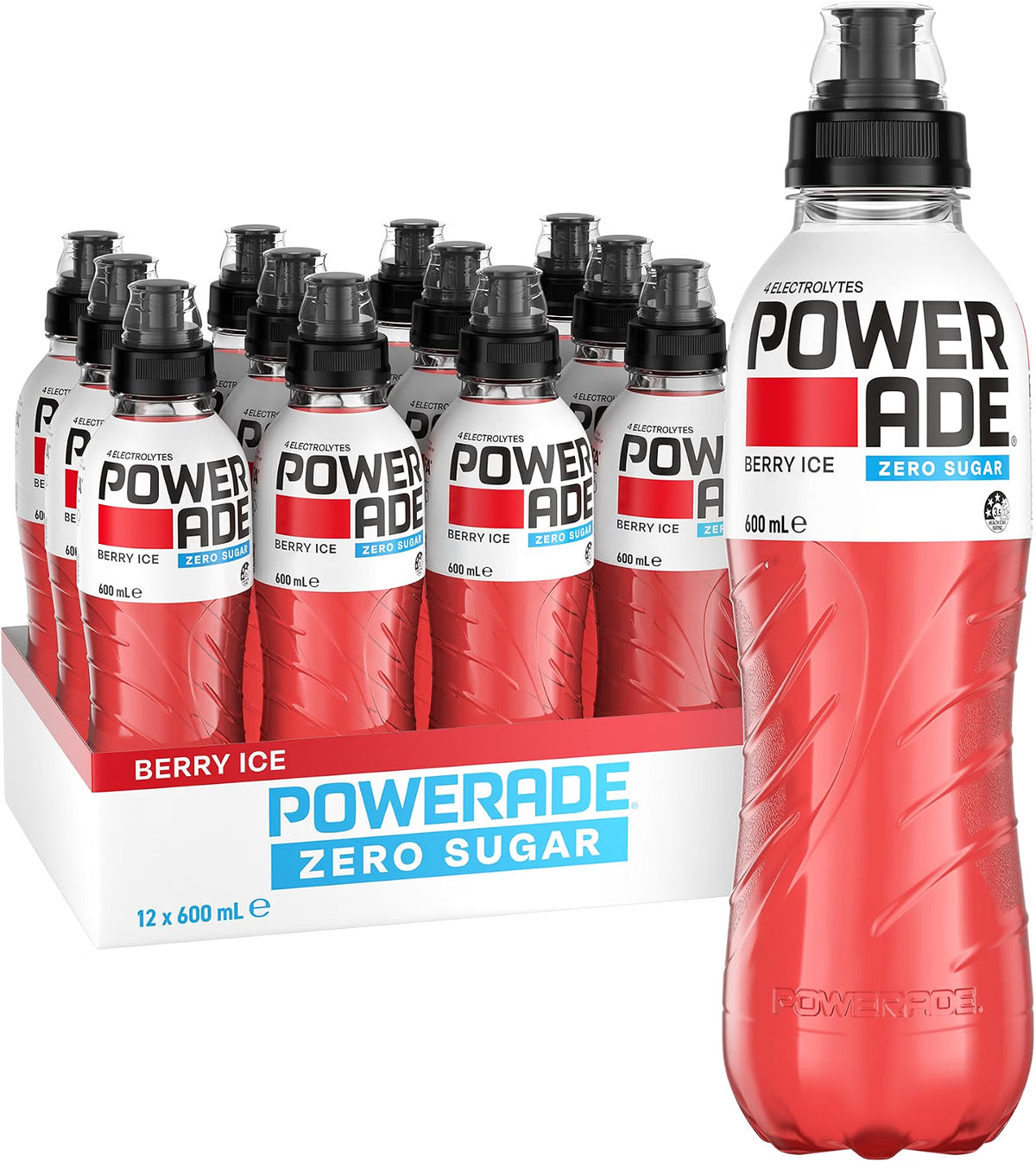 Powerade Zero Sugar Berry Ice Sports Drink Sipper Cap Multipack Bottles 12 x 600mL