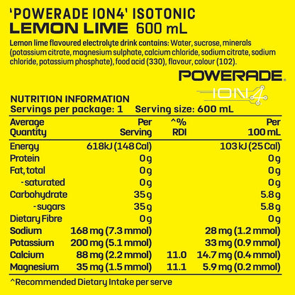 Powerade ION4 Lemon Lime Sports Drink Sipper Cap Multipack Bottles 12 x 600mL