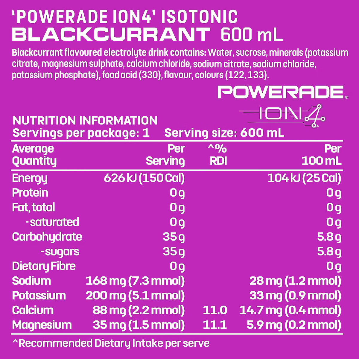 Powerade ION4 Blackcurrant Sports Drink Sipper Cap Multipack Bottles 12 x 600mL