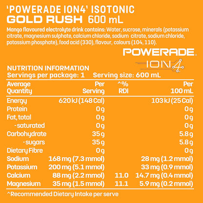 Powerade ION4 Gold Rush Sports Drink Sipper Cap Multipack Bottles 12 x 600mL