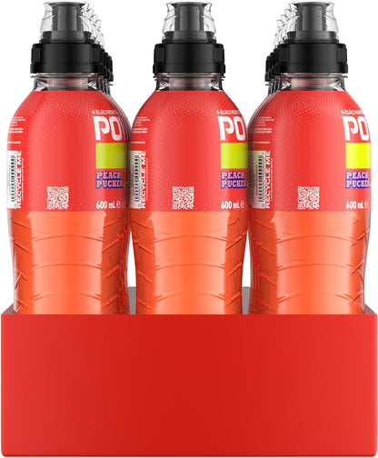 Powerade Sour ION4 Peach Pucker Electrolyte Sports Drink Sipper Multipack Bottles 12 x 600mL