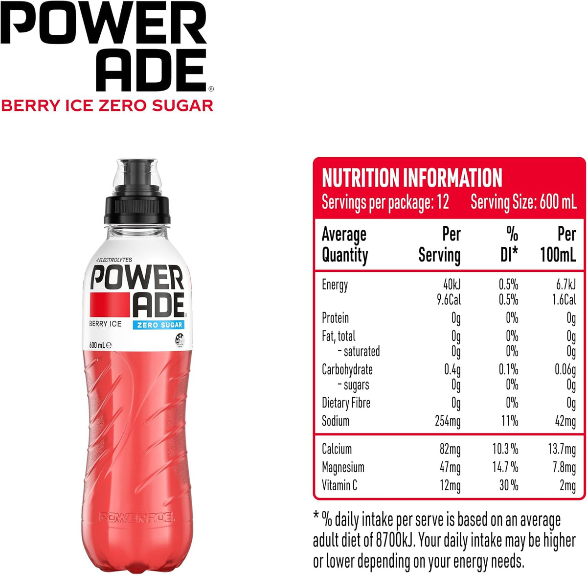 Powerade Zero Sugar Berry Ice Sports Drink Sipper Cap Multipack Bottles 12 x 600mL
