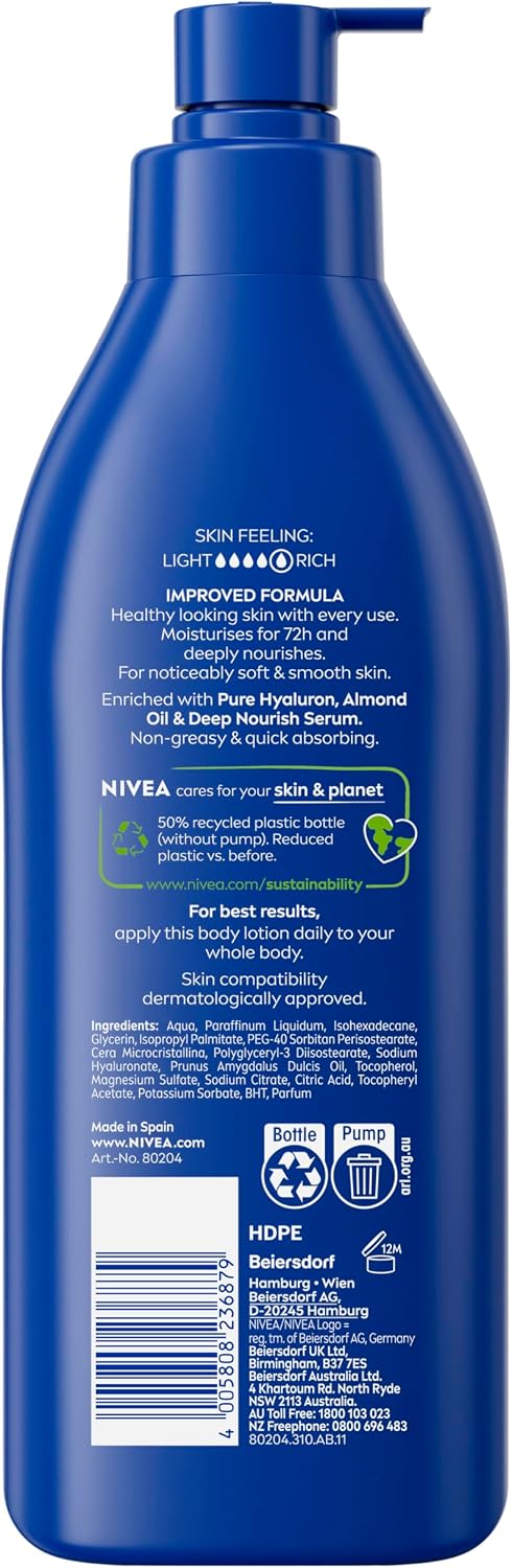 NIVEA Rich Nourishing Body Lotion 400ml | With Almond Oil & Vitamin E | 72-hour Intensive Moisture | Fast-Absorbing Formula | Hydrates & Softens Skin | Nourishes Dehydrated Skin