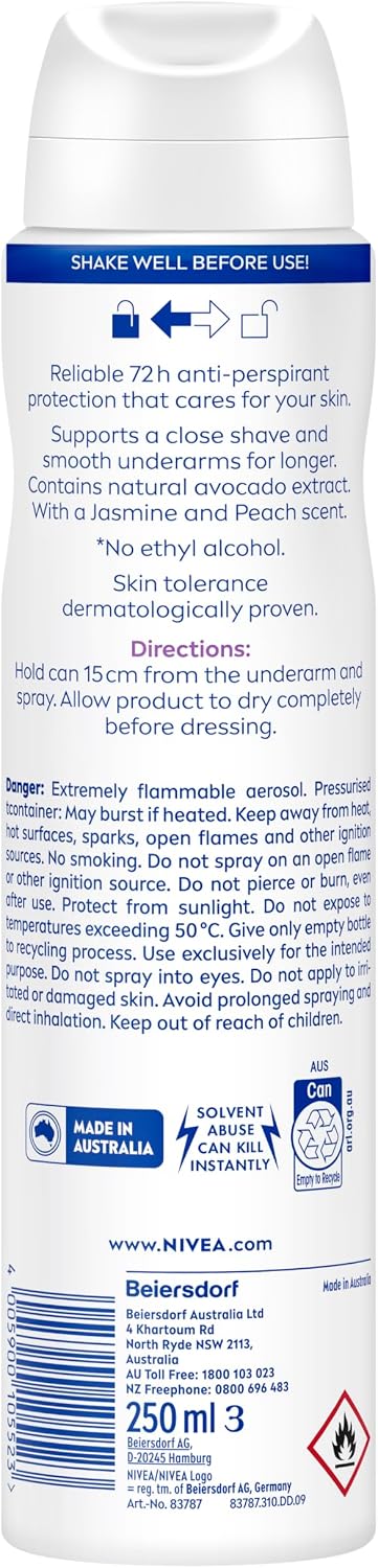 NIVEA Double Effect Anti-Perspirant Aerosol Deodorant 250ml | With Avocado Extract for Smooth Underarms | 72-Hour Sweat Protection | Sweet Fragrance | Quick-Drying Formula | Lasting Freshness