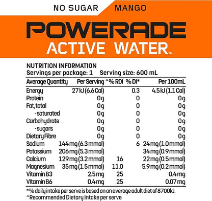 Powerade Zero Sugar Active Water Mango Sipper Cap Multipack Bottles 12 x 600mL