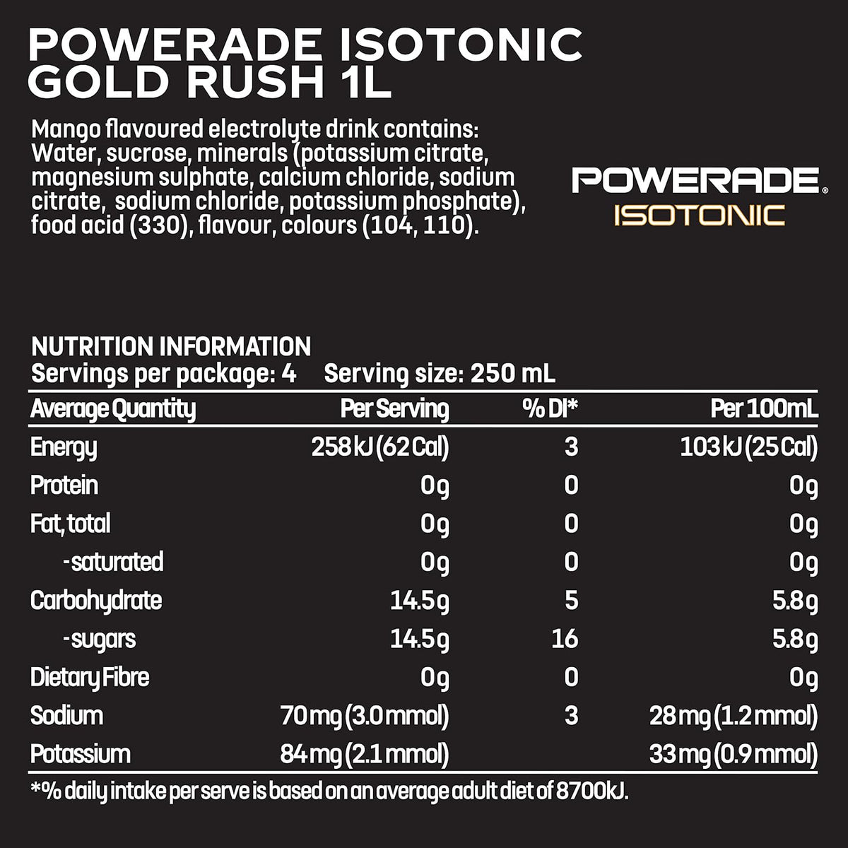 Powerade ION4 Gold Rush Sports Drink Sipper Cap Multipack Bottles 12 x 1L