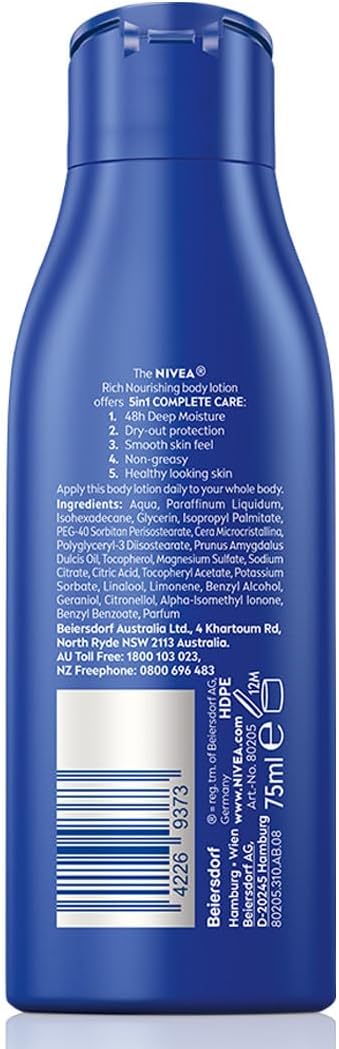 NIVEA Rich Nourishing Body Lotion 250ml | With Pure Hyaluron & Almond Oil | Deeply Nourished Skin for 72-Hours | Fast-Absorbing Formula | Moisturiser for Dry to Very Dry Skin