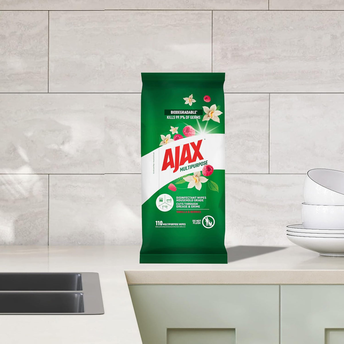 Ajax Antibacterial Surface Cleaning Wipes, Vanilla & Berries, 110 Pack