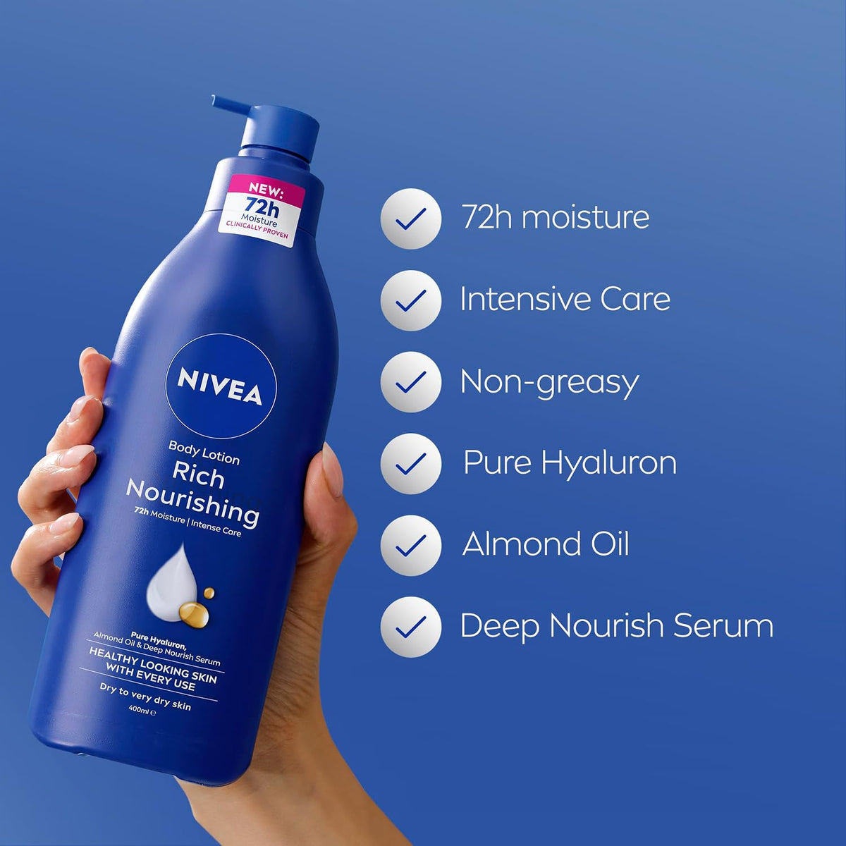 NIVEA Rich Nourishing Body Lotion 400ml | With Almond Oil & Vitamin E | 72-hour Intensive Moisture | Fast-Absorbing Formula | Hydrates & Softens Skin | Nourishes Dehydrated Skin