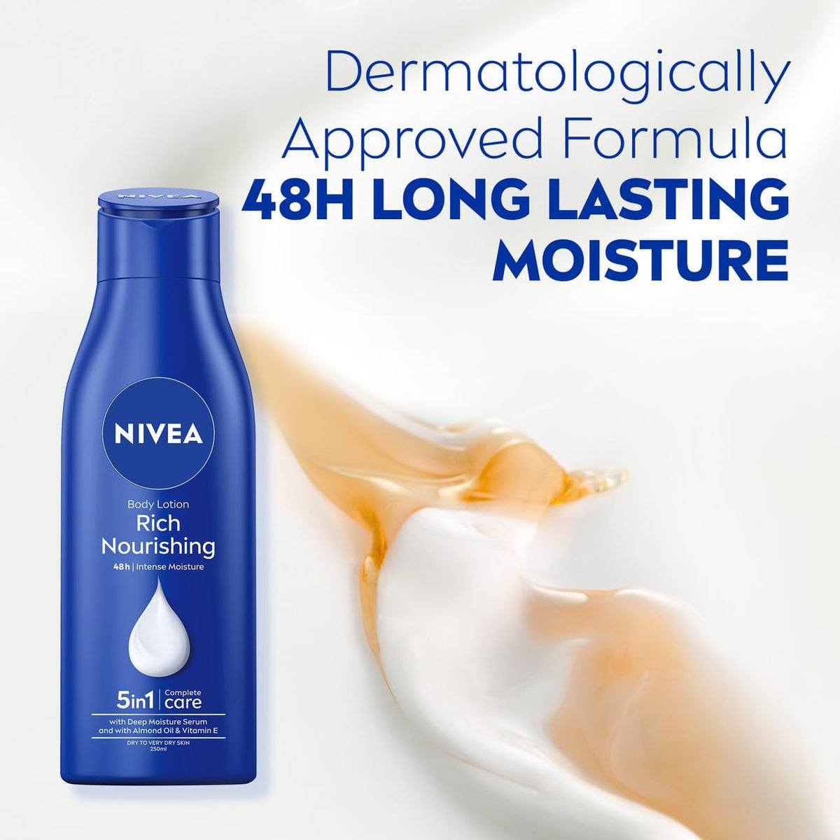 NIVEA Rich Nourishing Body Lotion 250ml | With Pure Hyaluron & Almond Oil | Deeply Nourished Skin for 72-Hours | Fast-Absorbing Formula | Moisturiser for Dry to Very Dry Skin