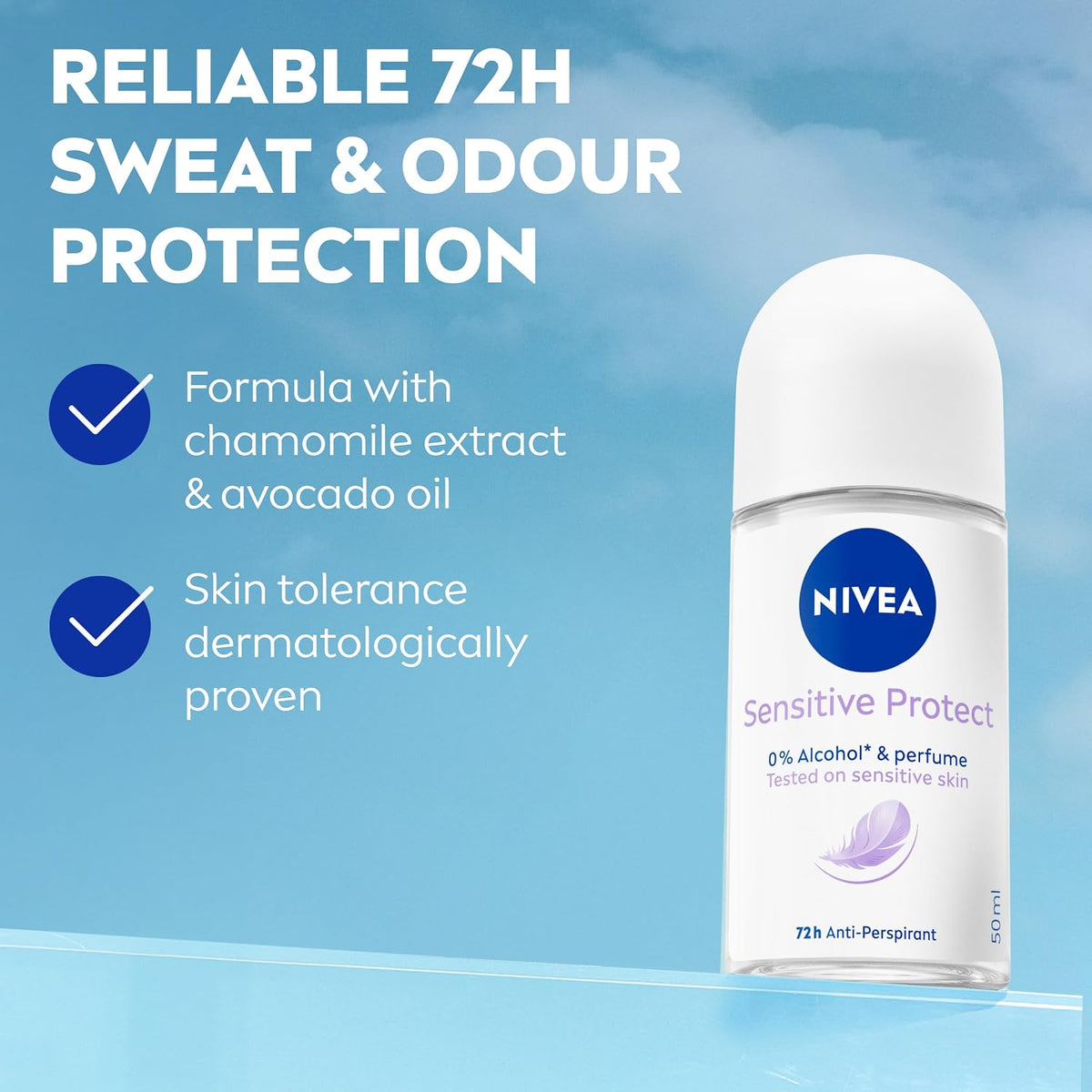 NIVEA Sensitive Protect Roll On Antiperspirant Deodorant for Women 50ml, 72 Hour Protection for Sensitive Skin