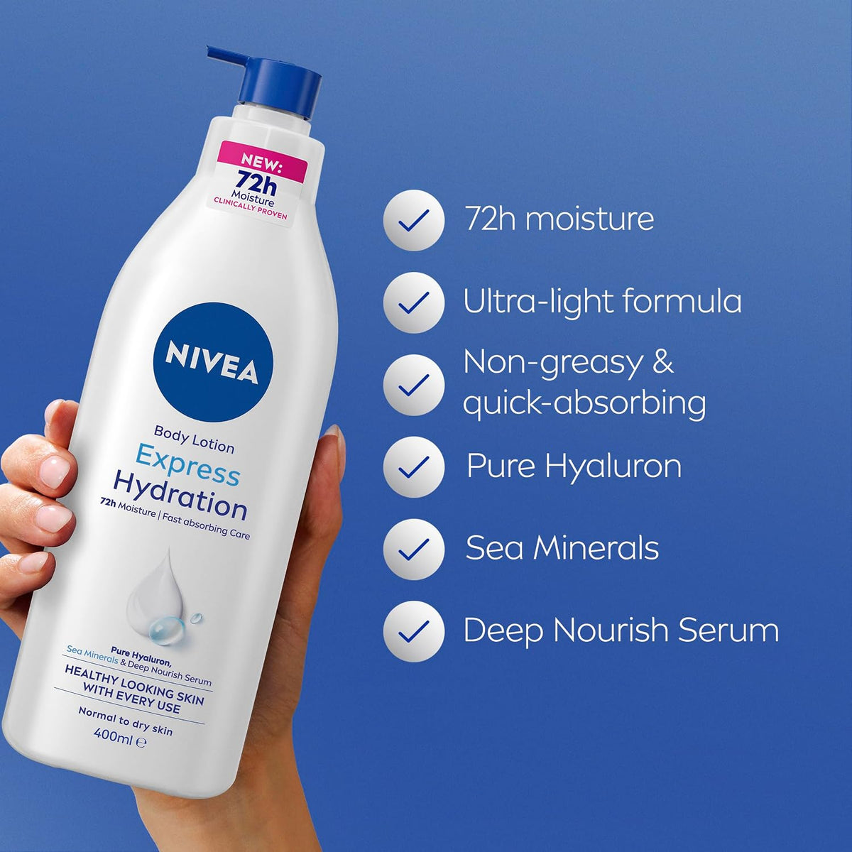 NIVEA Express Hydration Body Lotion 400ml | With Deep Moisture Serum for Lasting Hydration | Fast Absorbing Formula | 72-Hour Intensive Moisture | Smoothes Dry Skin | Perfect for Everyday Use