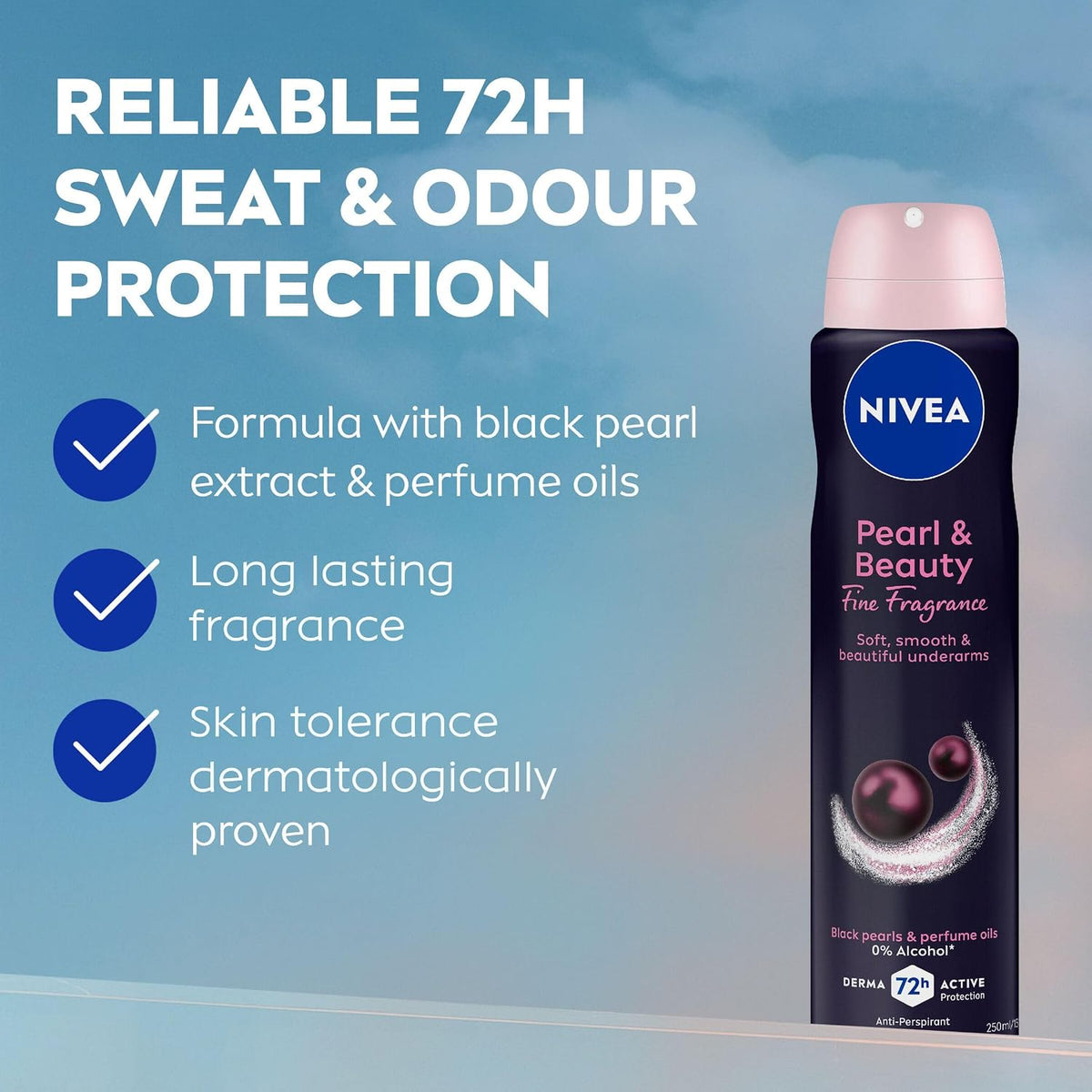 NIVEA Pearl & Beauty Fine Fragrance Anti-Perspirant Aerosol Deodorant 250ml | 72-Hour Sweat & Odour Protection | Long-Lasting Freshness | Skin-Safe Formula | With Perfume Oils