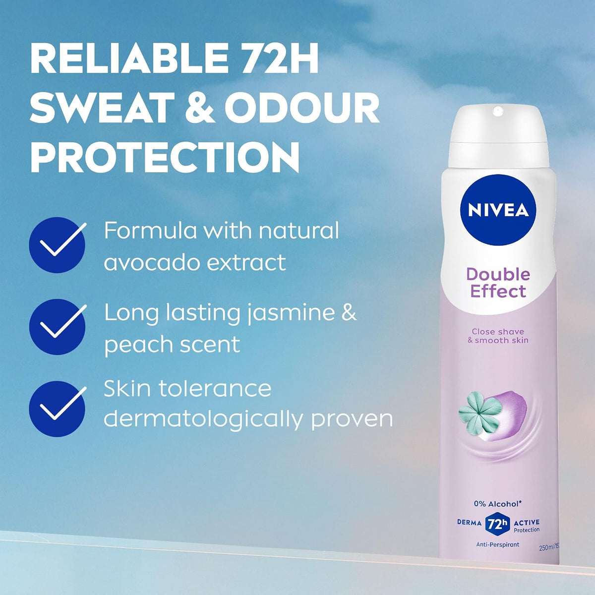NIVEA Double Effect Anti-Perspirant Aerosol Deodorant 250ml | With Avocado Extract for Smooth Underarms | 72-Hour Sweat Protection | Sweet Fragrance | Quick-Drying Formula | Lasting Freshness