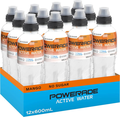Powerade Zero Sugar Active Water Mango Sipper Cap Multipack Bottles 12 x 600mL