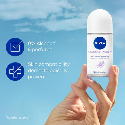 NIVEA Sensitive Protect Roll On Antiperspirant Deodorant for Women 50ml, 72 Hour Protection for Sensitive Skin