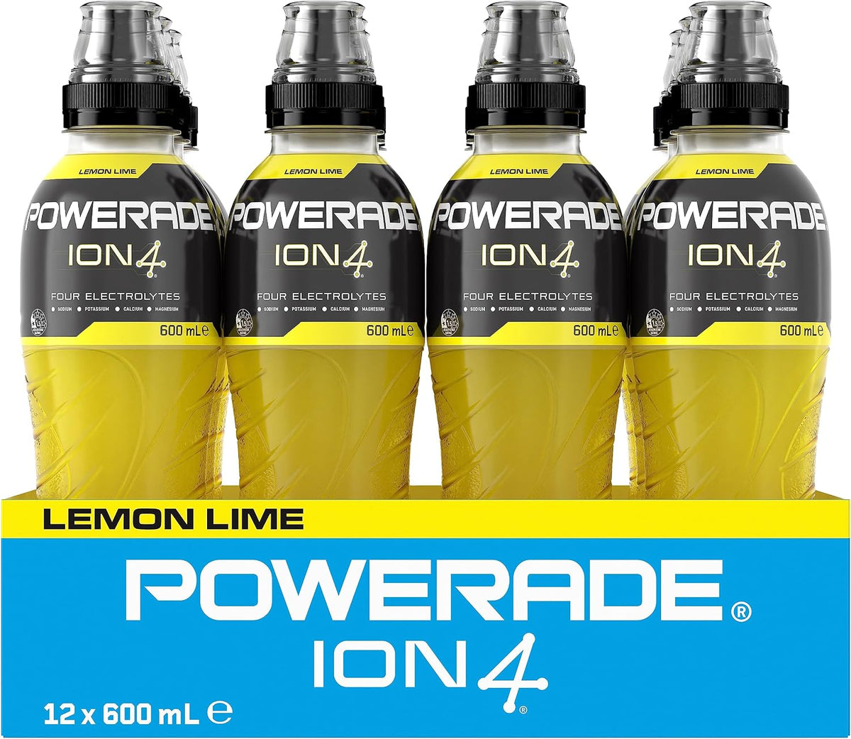 Powerade ION4 Lemon Lime Sports Drink Sipper Cap Multipack Bottles 12 x 600mL