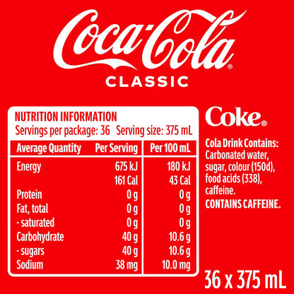 Coca-Cola Classic Soft Drink Multipack Cans 36 x 375mL
