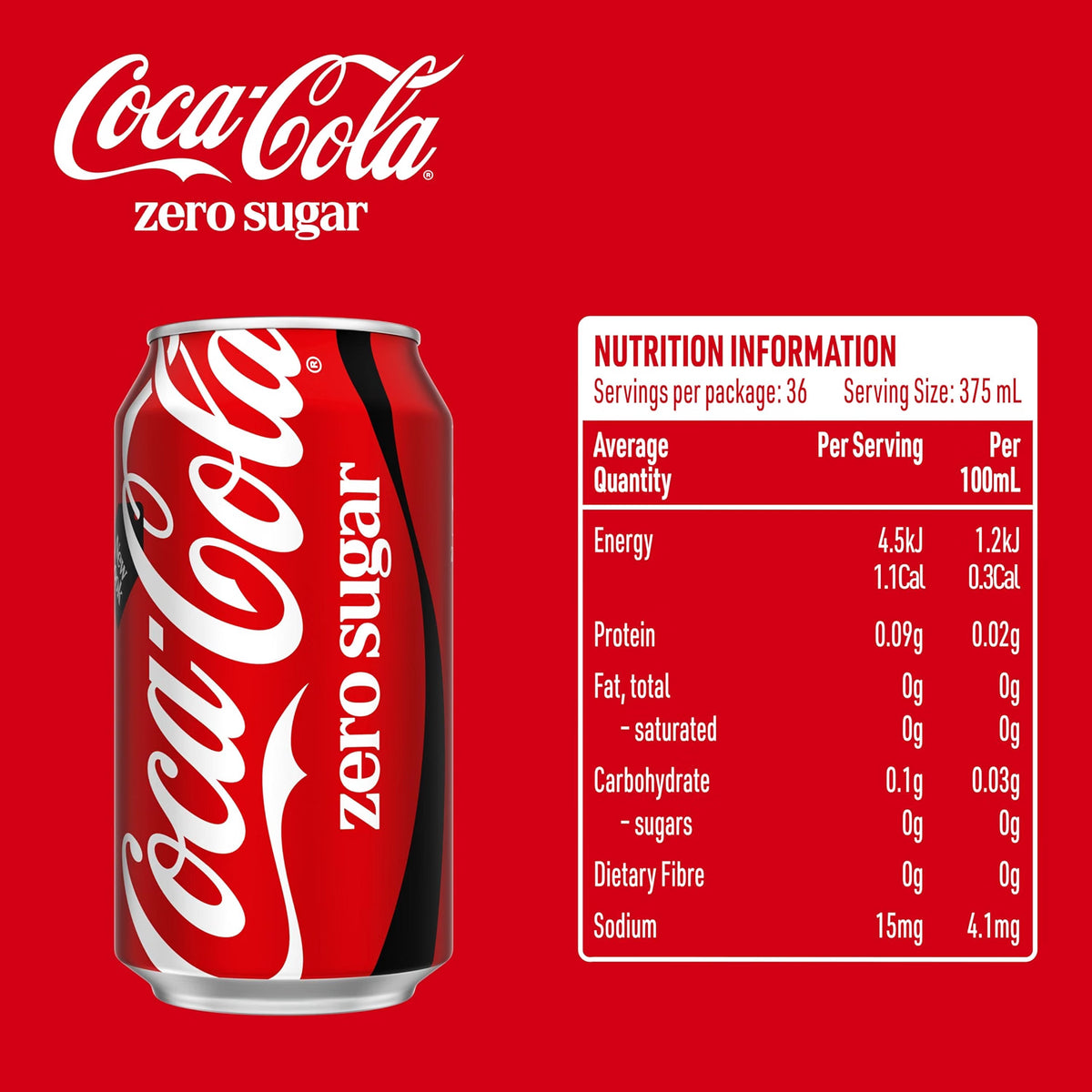 Coca-Cola Zero Sugar Soft Drink Multipack Cans 36 x 375mL